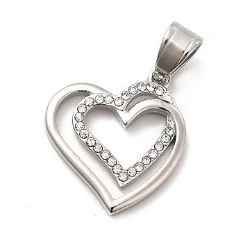 304 Stainless Steel Pendants, with Crystal Rhinestone, Bouble Heart Charms, Stainless Steel Color, 23x21x2.5mm, Hole: 7x4.5mm