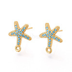 Brass Micro Pave Cubic Zirconia Stud Earring Findings, Starfish, Nickel Free, Long-Lasting Plated, Real 18K Gold Plated, Turquoise, 14x12mm, Hole: 1.2mm, Pin: 0.7mm(KK-N263-24A-G)