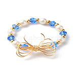 Imitate Austrian Crystal Bicone Glass Beaded Finger Rings, with Round Shell Pearl Beads and 304 Stainless Steel Round Beads, Eco-Friendly Copper Wire, Bowknot, Real 18K Gold Plated, Blue, US Size 9(18.9mm)(X1-RJEW-TA00003-04)