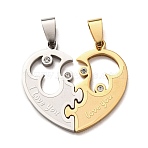 304 Stainless Steel Rhinestone Split Pendants, Couples Pendants, Heart with Word I Love You Charm, Real Gold Plated & Stainless Steel Color, 30.5x32.5x2mm, Hole: 9x4.5mm(STAS-F368-20GP)