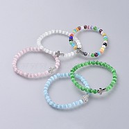 Cat Eye Stretch Bracelets, with Brass Micro Pave Cubic Zirconia Cross Beads, Mixed Color, 2 inch(5cm)(BJEW-JB04589)