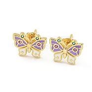 Butterfly Real 18K Gold Plated Brass Stud Earrings, with Enamel and Cubic Zirconia, Lilac, 10x12mm(EJEW-L269-095G-02)