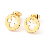 Ion Plating(IP) 304 Stainless Steel Stud Earrings, Flat Round with Angel, Golden, 11mm, Pin: 0.8mm(EJEW-C001-09G)