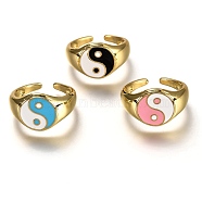 Brass Enamel Cuff Rings, Open Rings, Long-Lasting Plated, Flat Round with Gossip/Yin Yang, Real 18K Gold Plated, Mixed Color, US Size 6, Inner Diameter: 17mm(RJEW-C100-22G)