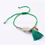 Braided Bracelets, with Cotton Thread Tassel Pendants, Natural Cowrie Shell Beads, 304 Stainless Steel Pendants, Brass Beads and Nylon Thread, Lime Green, 1/2 inch~3-5/8 inch(1.4~9.2cm)(BJEW-JB05052-03)