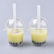 Openable Acrylic Bottle Big Pendants, with Resin, Polymer Clay Inside and Plastic Straw, Bubble Tea/Boba Milk Tea, Champagne Yellow, 64~74x43x37.5mm, Hole: 2.5mm(X-CRES-T018-001H)