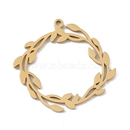 304 Stainless Steel Pendants, Laser Cut, Ring with Leaf Charm, Golden, 24.5x26.5x1mm, Hole: 1mm(STAS-B062-07G)
