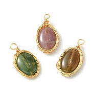Natural Indian Agate Copper Wire Wrapped Pendants, Oval Charms, Light Gold, 21~23x12~12.5x5~6mm, Hole: 3mm(PALLOY-JF02500-02)
