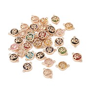 Glass Links connectors, with Light Gold Plated Alloy Findings, Flat Round with Flower, Mixed Color, 13.5x19.5x5.5mm, Hole: 1.6mm(GLAA-T015-19)