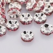 Brass Rhinestone Spacer Beads, Grade A, Wavy Edge, Silver Color Plated, Rondelle, Rose, 6x3mm, Hole: 1mm(RB-A014-L6mm-23S)