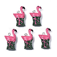 Opaque Resin Pendants, with Platinum Tone Iron Loop, Flamingo Shape, Camellia, 28.5~29.5x17~18x8mm, Hole: 2mm(RESI-T028-77)