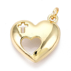 Brass Pendants, Cadmium Free & Lead Free, Heart with Cross, with Jump Ring, Real 18K Gold Plated, 21x18x5mm, Hole: 3.5mm(KK-N268-57G)