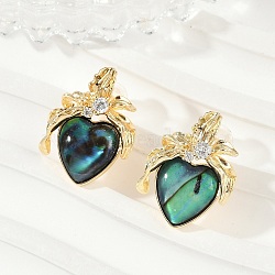 Heart Brass Abalone Shell & Clear Cubic Zirconia Stud Earrings, Real 14K Gold Plated, 18.5x14mm(KK-D301-09G)