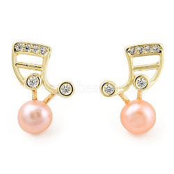 Pearl Pink Natural Pearl Musical Note Stud Earrings with Cubic Zirconia, Brass Earrings with 925 Sterling Silver Pins for Women, Real 14K Gold Plated, 12.5x9x5mm, Pin: 0.8mm(EJEW-T019-05G)