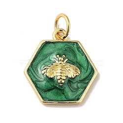 Rack Plating Brass Enamel Pendants, with Jump Ring, Cadmium Free & Nickel Free & Lead Free, Real 18K Gold Plated, Hexagon with Bee, Sea Green, 15x14x2.5mm, Hole: 3.6mm(KK-H431-10G)