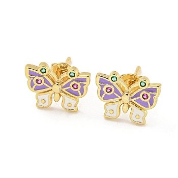 Butterfly Real 18K Gold Plated Brass Stud Earrings, with Enamel and Cubic Zirconia, Lilac, 10x12mm