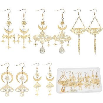5 Pairs 5 Style Star & Moon Tarot Theme Alloy Dangle Earrings for Women, Golden, 82~133x21~45mm, Pin: 0.8mm, 1pair/style