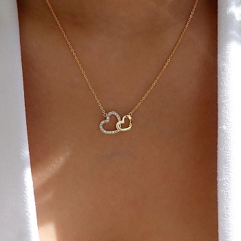 2-Heart Alloy Crystal Crystal Rhinestone Pendant Necklaces for Women, Golden, 16.14 inch(41cm)