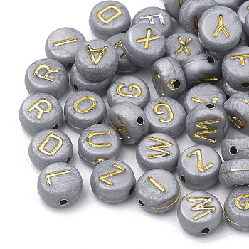 Opaque Acrylic Beads, Horizontal Hole, Mixed Letters, Flat Round, Mixed, 7x4mm, Hole: 1.2mm