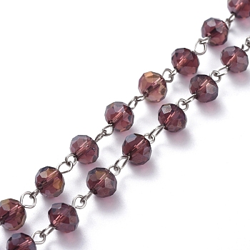 Handmade Electroplate Glass Beaded Chains, with Platinum Plated Iron Eye Pin, Unwelded, Purple, 39.37 inch(100cm), Beads: 8x6mm