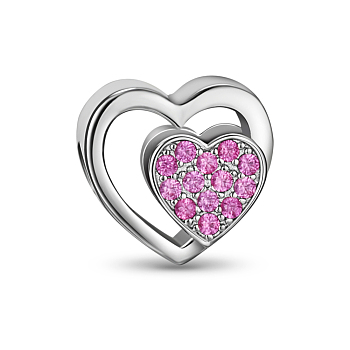 TINYSAND Rhodium Plated 925 Sterling Silver Cubic Zirconia European Beads, Hollowed Dual Hearts, Platinum, Pink, 12.53x13.33x7.62mm, Hole: 4.53mm