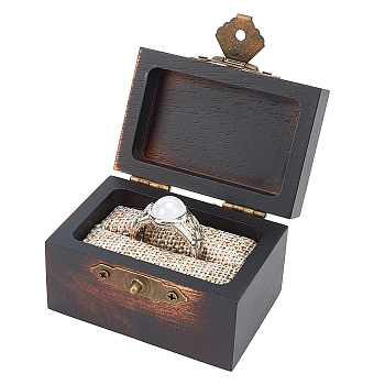 Rectangle Vintage Wood Ring Storage Boxes, Flip Cover Case, with Jute Inside and Iron Clasps, for Wedding, Proposal, Valentine's Day, Coconut Brown, 4.4x6x3.65cm, Inner Size: 4.95x2.95x1.8cm