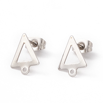 201 Stainless Steel Stud Earring Findings, with 304 Stainless Steel Pins, Horizontal Loops and Ear Nuts, Triangle, Stainless Steel Color, 12x9mm, Hole: 1.2mm, Pin: 0.8mm