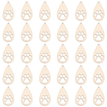 Olycraft Laser Cut Hollow Cottonwood Pendants, Teardrop with Dog Paw Print, BurlyWood, 40x23x2mm, Hole: 1.8mm