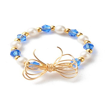 Imitate Austrian Crystal Bicone Glass Beaded Finger Rings, with Round Shell Pearl Beads and 304 Stainless Steel Round Beads, Eco-Friendly Copper Wire, Bowknot, Real 18K Gold Plated, Blue, US Size 9(18.9mm)