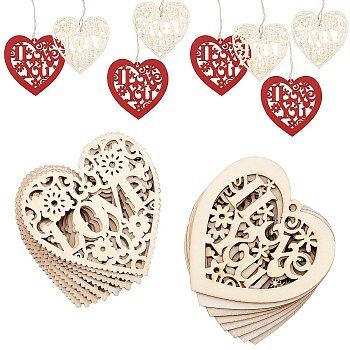 Wooden Ornaments, with Jute Twine, for Party Gift Home Decoration, Heart with Word, BurlyWood, 75~80.5x80x2.5mm, 10pcs/set, 1style/set, 2sets/bag