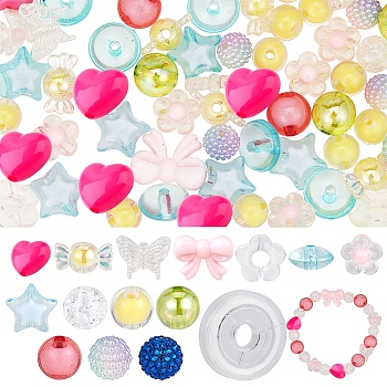 DIY Cute Beaded Stretch Bracelet Making Kit, Including Flower & Star & Bowknot & Heart & Butterfly & Candy Acrylic Beads, Elastic Thread, Colorful, 12x12.5x6mm, Hole: 2.5mm, Beads: 150Pcs/bag
