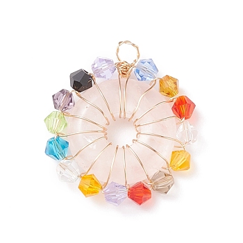 Natural Rose Quartz Pendants, Donut/Pi Disc Charm, with Colorful Glass Beads and Real 18K Gold Plated Copper Wire Wrapped, 28x25x5mm, Hole: 3mm