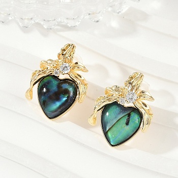 Heart Brass Abalone Shell & Clear Cubic Zirconia Stud Earrings, Real 14K Gold Plated, 18.5x14mm