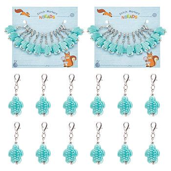 Tortoise Stitch Markers, Porcelain Crochet Lobster Clasp Charms, Locking Stitch Marker with Wine Glass Charm Ring, Turquoise, 4cm, 12pcs/set, 2 sets/box