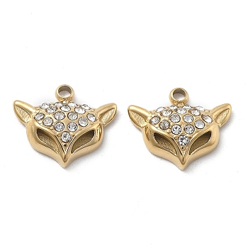 304 Stainless Steel Pendants, with Rhinestone, Ion Plating(IP), Fox, Real 18K Gold Plated, 11x12.5x3.5mm, Hole: 1.5mm