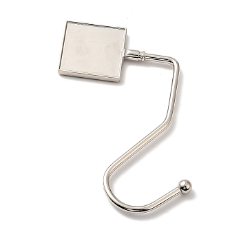 Zinc Alloy Bag Hangers, Purse Hooks, with S-shaped Hook, Square, Platinum, 10.2~11.7x6.8x0.4~0.7cm, Inner Diameter: 3.3x3.3cm