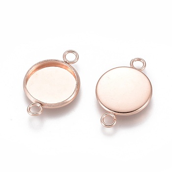 201 Stainless Steel Cabochon Connector Settings, Plain Edge Bezel Cups, Flat Round, Rose Gold, Tray: 12mm, 21x14x2mm, Hole: 2mm