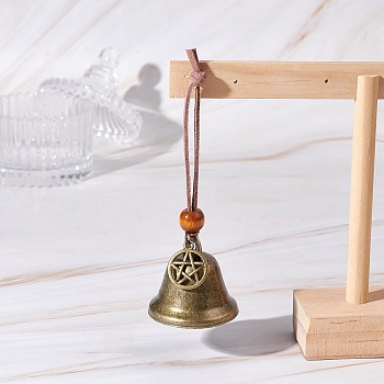 Iron Bell & Alloy Star Pendant Decorations, Wood Beads and Faux Suede Cord Hanging Ornaments, Antique Bronze, 115mm