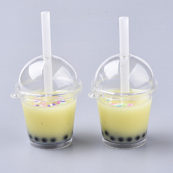 Openable Acrylic Bottle Big Pendants, with Resin, Polymer Clay Inside and Plastic Straw, Bubble Tea/Boba Milk Tea, Champagne Yellow, 64~74x43x37.5mm, Hole: 2.5mm