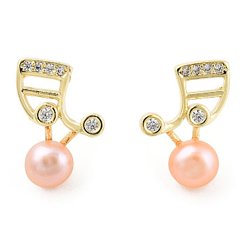 Pearl Pink Natural Pearl Musical Note Stud Earrings with Cubic Zirconia, Brass Earrings with 925 Sterling Silver Pins for Women, Real 14K Gold Plated, 12.5x9x5mm, Pin: 0.8mm