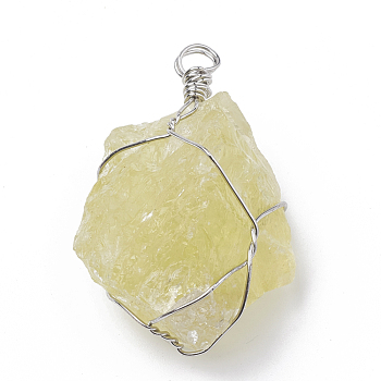 Natural Citrine Pendants, with Brass Findings, Nuggets, Platinum, 45~50x25~40x14~25mm, Hole: 3~5mm