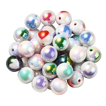 UV Plating Rainbow Iridescent Acrylic Beads, Round with Heart Pattern, Mixed Color, 16x15mm, Hole: 3mm