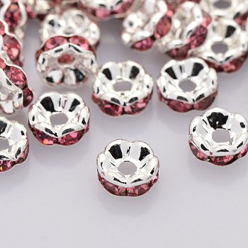 Brass Rhinestone Spacer Beads, Grade A, Wavy Edge, Silver Color Plated, Rondelle, Rose, 6x3mm, Hole: 1mm