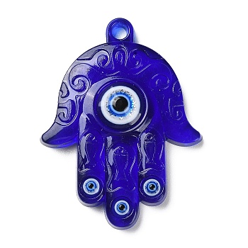 Blue Evil Eye Resin Pendants, Translucent Lucky Eye Charms, Hamsa Hand, 61.5x46.5x9.5mm, Hole: 4.3mm