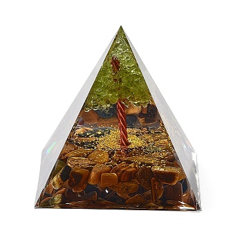Orgonite Pyramid Resin Energy Generators, Reiki Natural Tiger Eye Chips & Wire Wrapped Natural Peridot Tree of Life Inside for Home Office Desk Decoration, 59.5x59.5x59.5mm