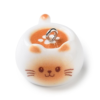 Opaque Resin Pendants, Cat Shape Latte Coffee Charm, with Platinum Iron Loops, Dark Orange, 15x20x25mm, Hole: 2mm