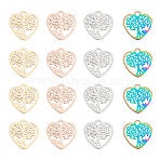 16Pcs 4 Colors 201 Stainless Steel Pendants, Laser Cut, Heart with Tree of Life, Mixed Color, 15.5x15.5x1mm, Hole: 1.8mm, 4pcs/color(STAS-DC0002-83)