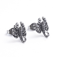 Retro 304 Stainless Steel Stud Earrings, with Ear Nuts, Scorpion, Antique Silver, 11.5x10mm, Pin: 0.7mm(EJEW-L248-037AS)