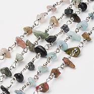 Natural Gemstone Chips Handmade Beaded Chains, Unwelded, with Brass Beads and Iron Pins, Platinum, 39.37 inch(1m)(AJEW-JB00281)