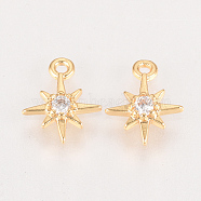 Brass Cubic Zirconia Charms, Star, Nickel Free, Real 18K Gold Plated, 10.5x8.5x2mm, Hole: 1mm(ZIRC-Q002-143G)
